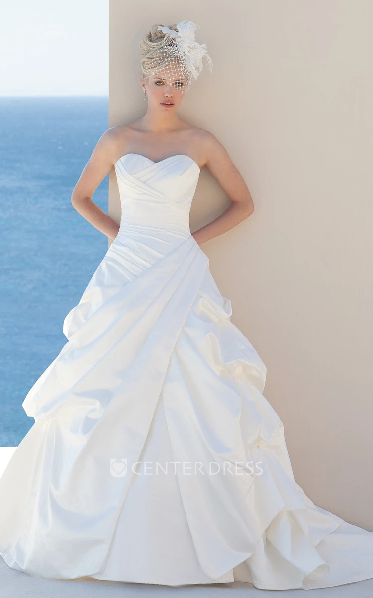 A-Line Pick-Up Sleeveless Long Sweetheart Satin Wedding Dress