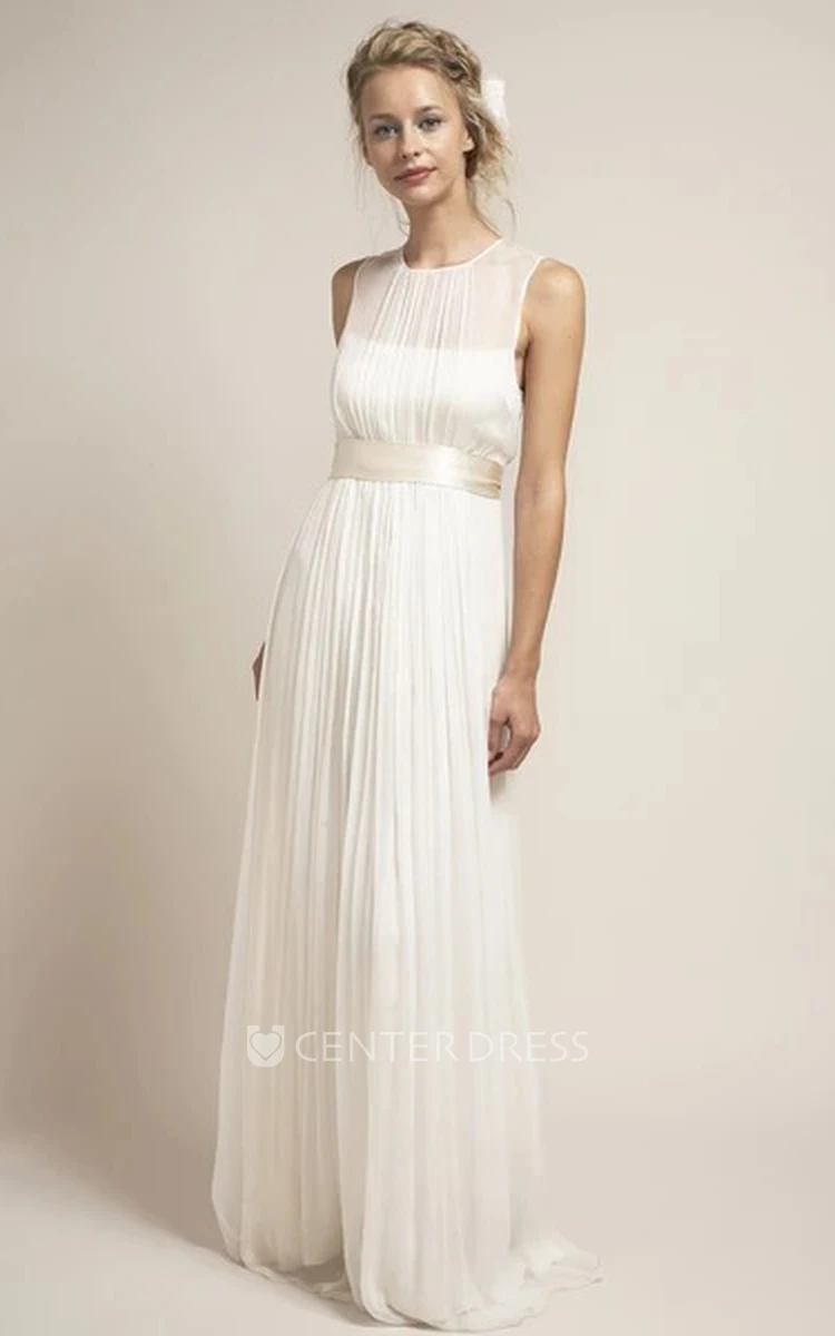 Ethereal Tulle Sleeveless Long Bridal Gown with Sash and Keyhole
