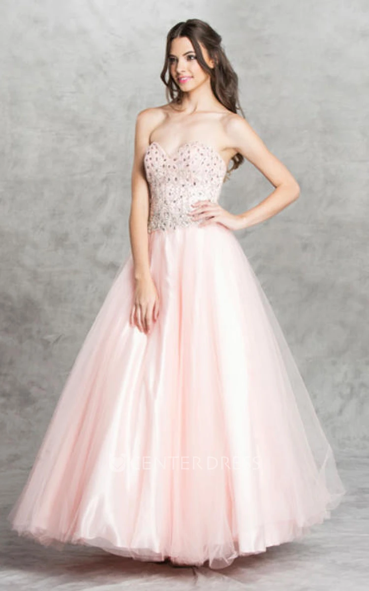 A-Line Long Sweetheart Sleeveless Tulle Satin Backless Dress With Beading