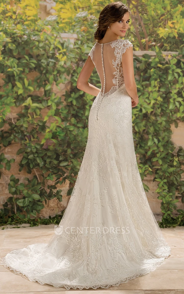 V-Neck Cap-Sleeved Lace-Appliqued Wedding Dress With Illusion Back