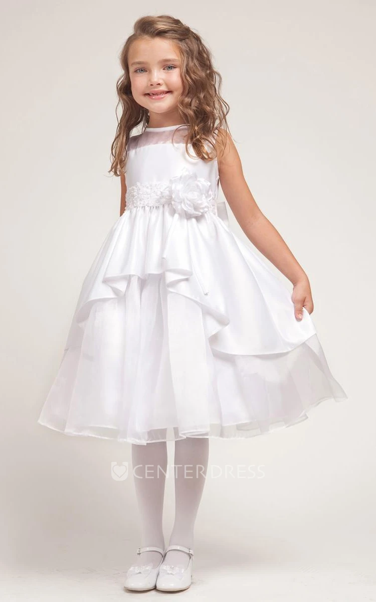 Tea-Length Floral Tiered Lace&Organza Flower Girl Dress With Sash