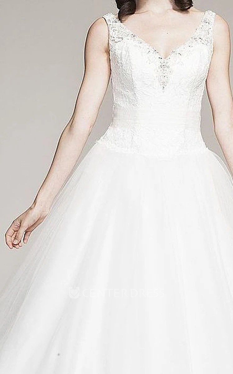 Ball Gown Sleeveless V-Neck Floor-Length Beaded Tulle&Lace Wedding Dress With Appliques