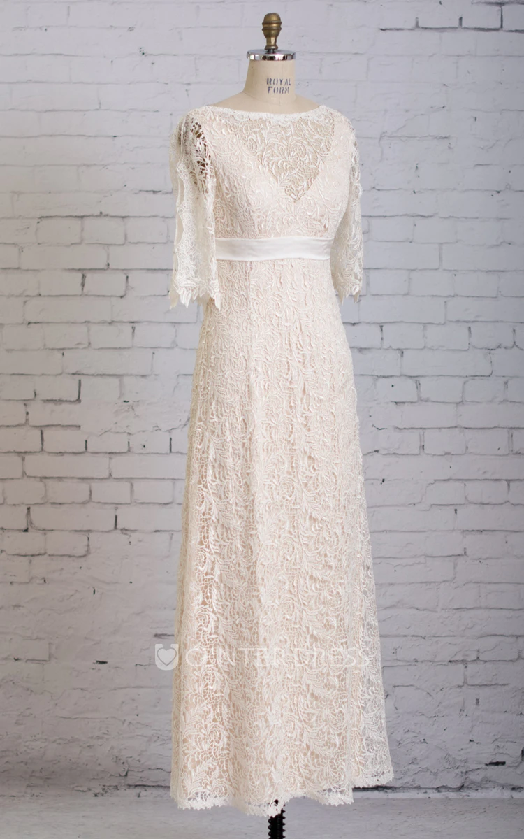 Column Illusion Neck Half-sleeved V-back Floor-length Lace Dress