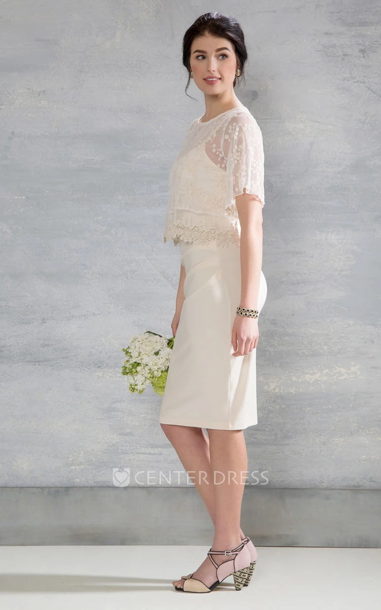 Scoop Knee-Length Poet-Sleeve Appliqued Jersey Wedding Dress With Cape