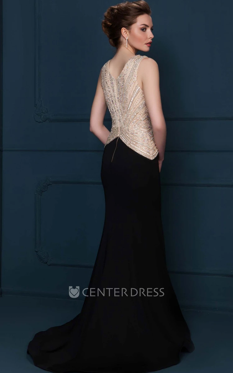 Long V-Neck Beaded Jersey Evening Dress With Sweep Train And V Back