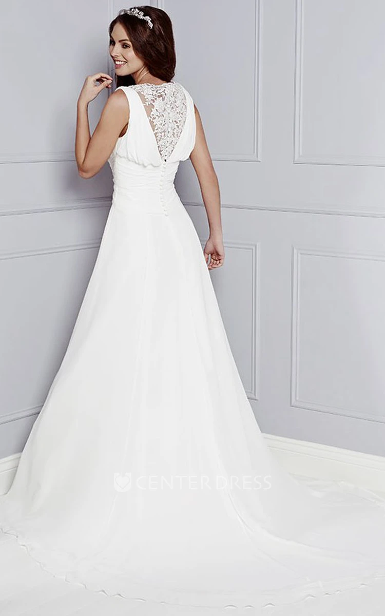 A-Line Long Sleeveless V-Neck Jeweled Chiffon Wedding Dress With Ruching And Appliques