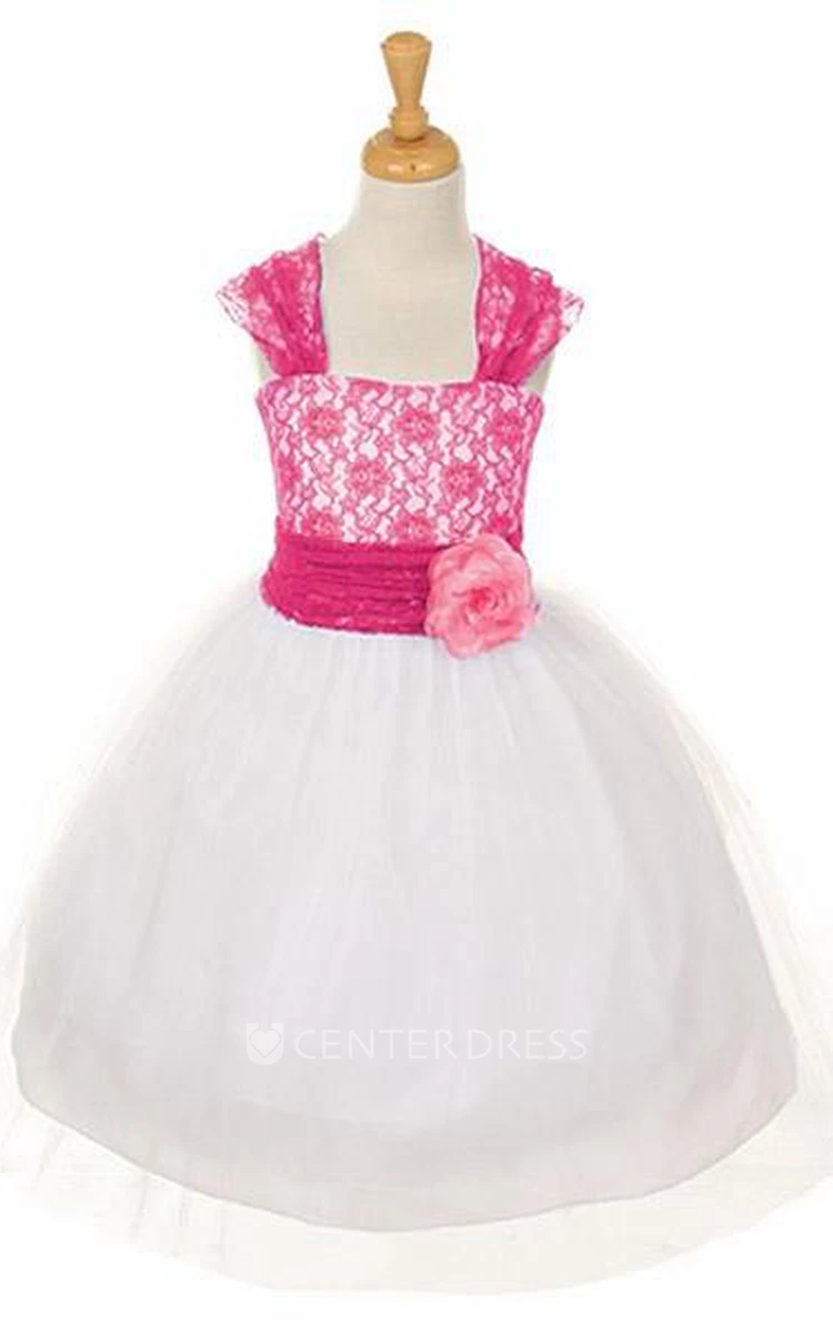 Tea-Length Criss-Cross Floral Tulle&Lace Flower Girl Dress With Straps