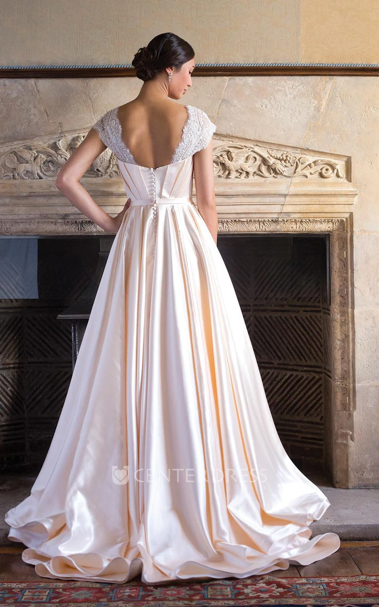 A-Line Cap-Sleeve V-Neck Satin Wedding Dress With Criss Cross And Sweep Train