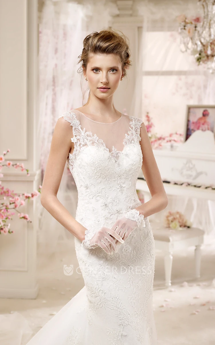 Jewel-Neck Cap-Sleeve Wedding Dress With Mermaid Style And Illusive Back