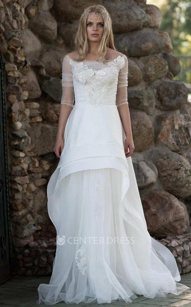 Chiffon Tulle Lace Button Back Wedding Dress