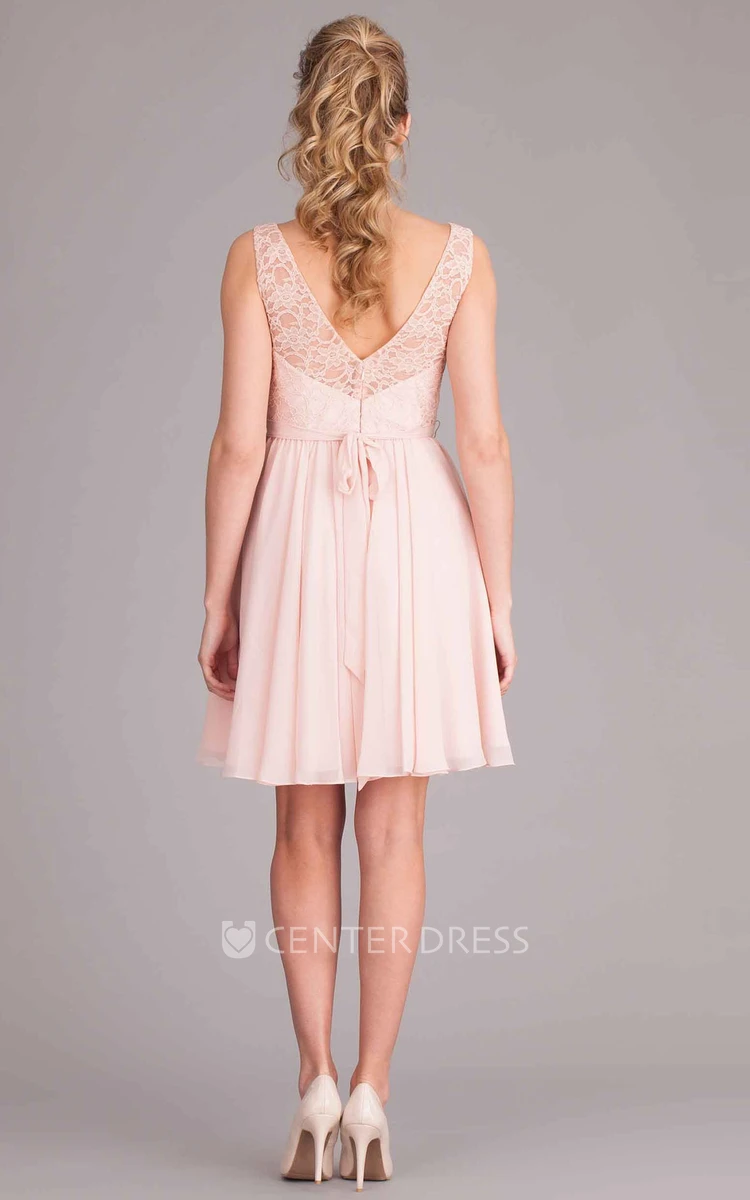 Mini Sleeveless Lace V-Neck Chiffon Bridesmaid Dress With Bow