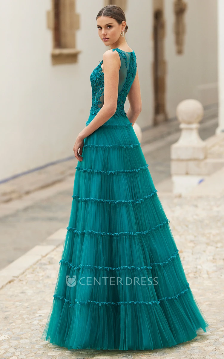 Ethereal A-Line V-neck Tulle Floor-length Prom Dress with Ruching