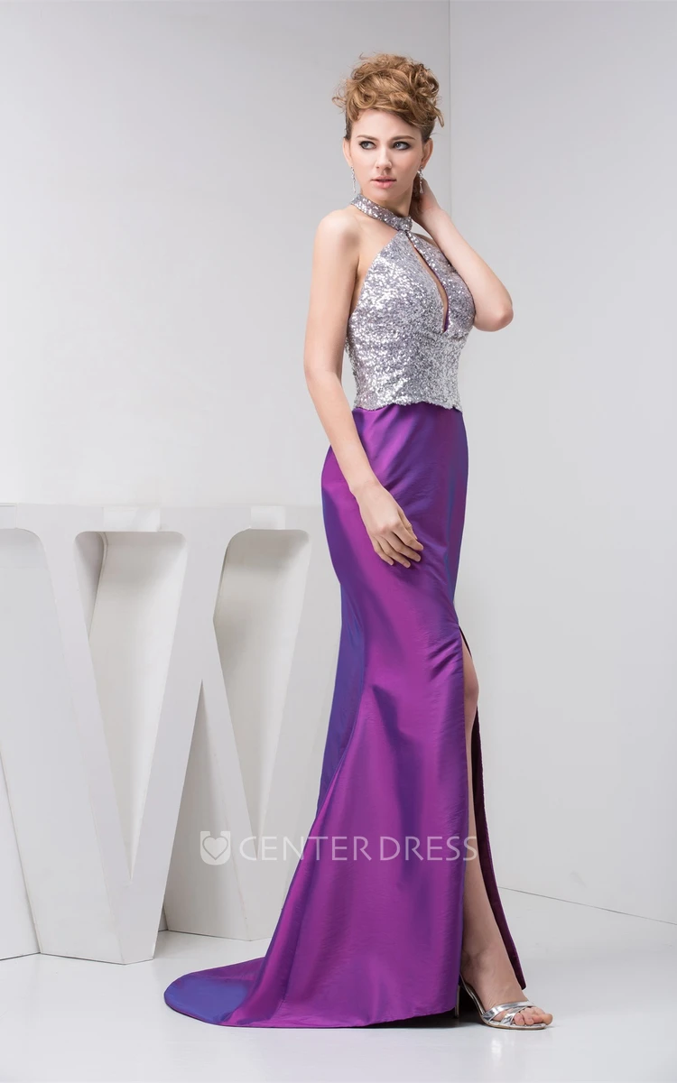 Halter Sleeveless Front-Split Satin Mermaid Prom Dress with Sequins and Keyhole