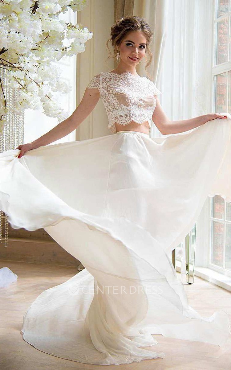 Bateau Short Sleeve Two Piece Chiffon Wedding Dress With Lace Top