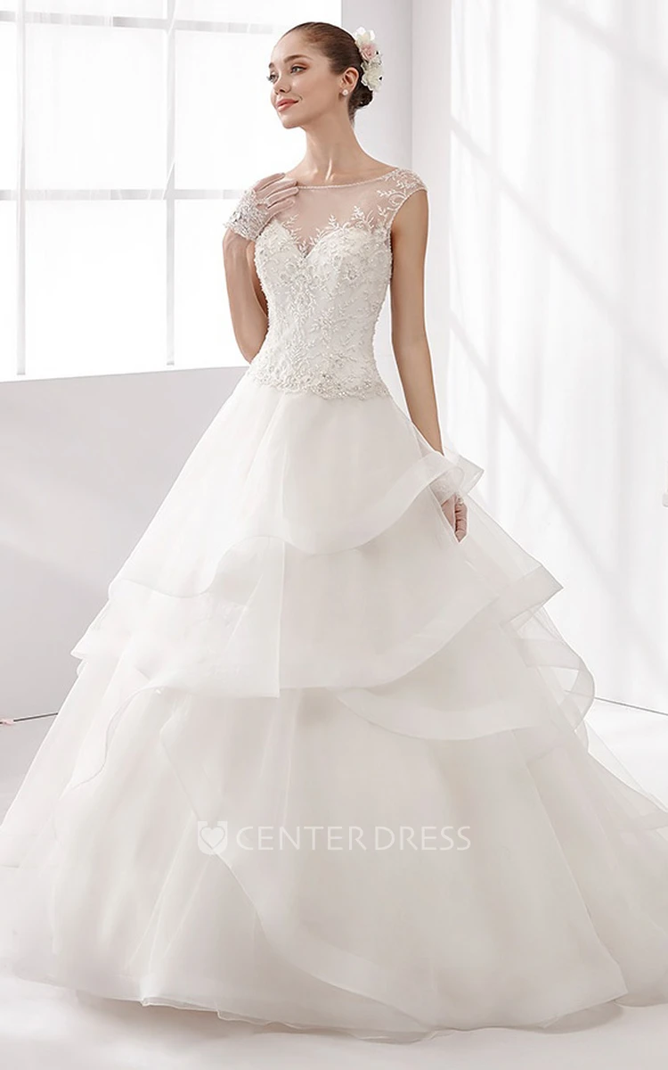 Jewel-neck A-line Wedding Gown with Lace Bodice and Ruffled Skirt