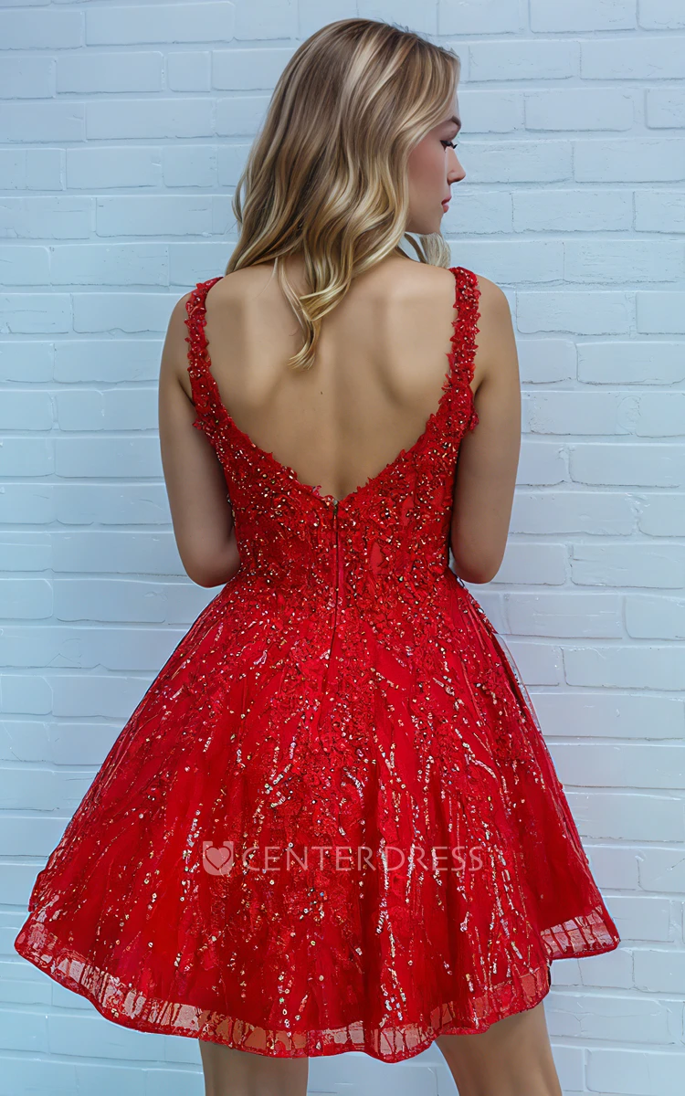 Cute Modern Short A-Line Red Sequins Homecoming Dress with Pockets Adorable Elegant Mini Straps Square Neckline Sleeveless Prom Party Dress