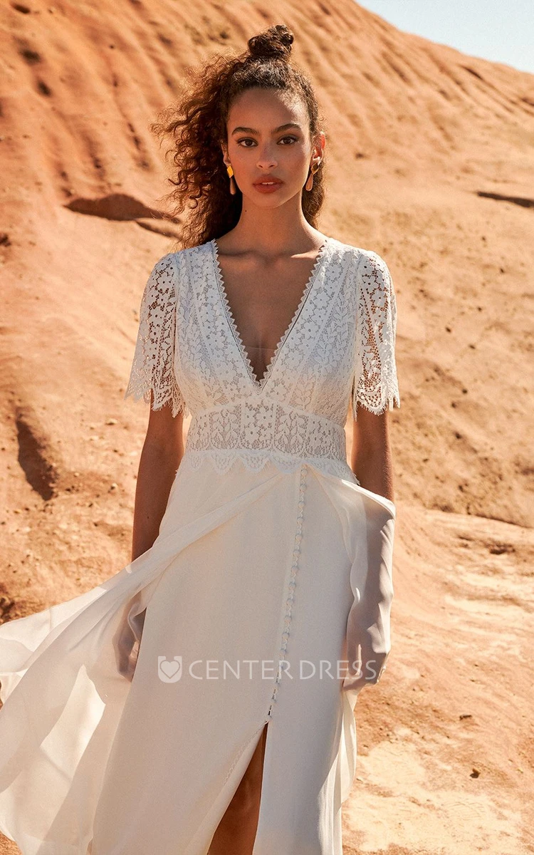 Lace Long Sleeve and Chiffon Dress - Open Belly