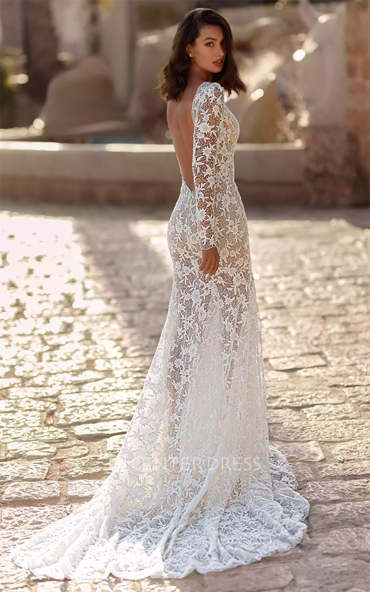 Bohemian Lace Sheath Beach Wedding Dress with Open Back and Plunging Neckline