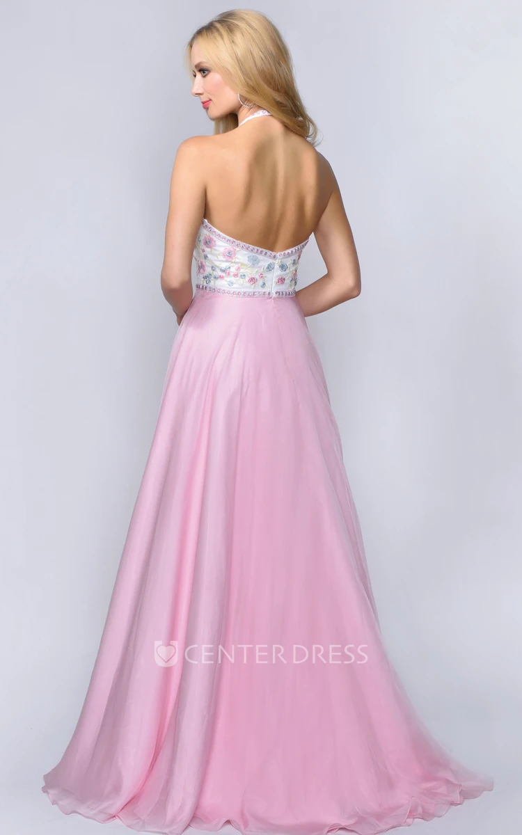 A-Line Maxi Halter Sleeveless Backless Dress With Appliques And Flower