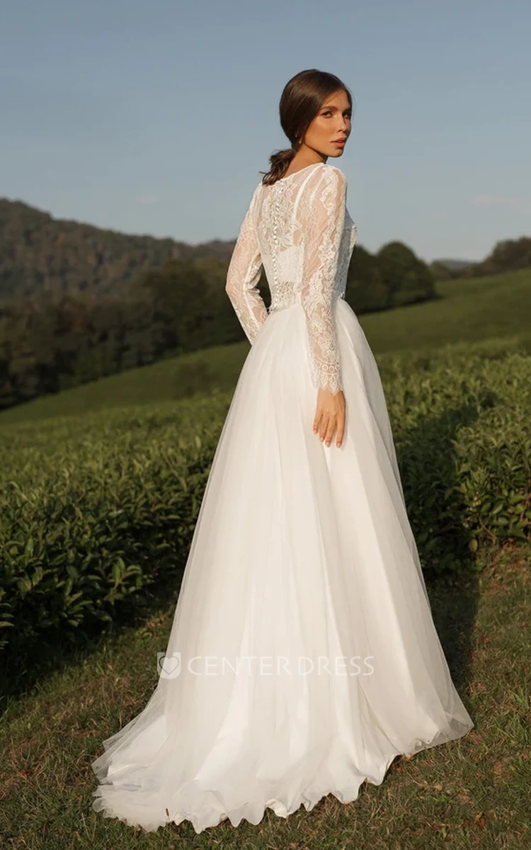 Bateau Neck Two-piece A-Line Tulle Lace Elegant Long Sleeve Wedding Bride Dress with Sweep Train Button Back