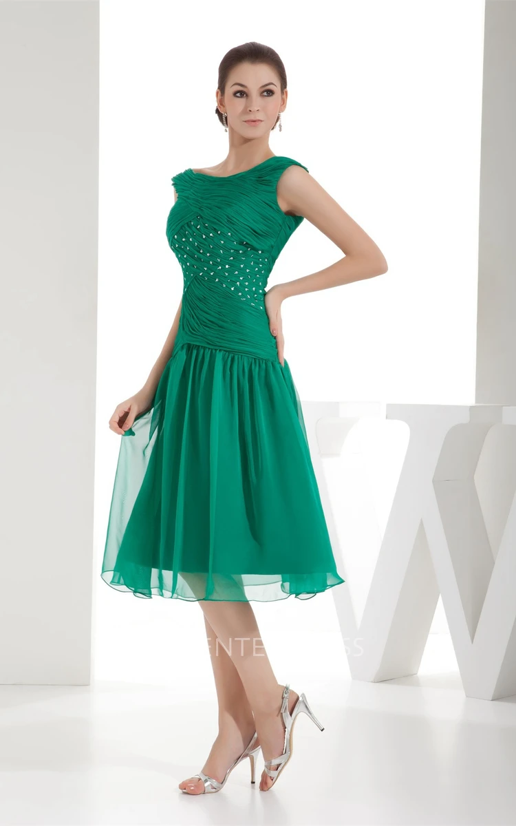 Knee-Length Bateau Ruched Criss-Cross Dress with Tulle Overlay and Beadings