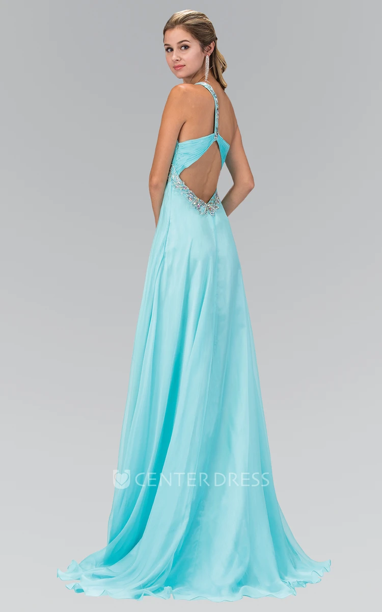 A-Line Long One-Shoulder Empire Chiffon Dress With Waist Jewellery And Draping