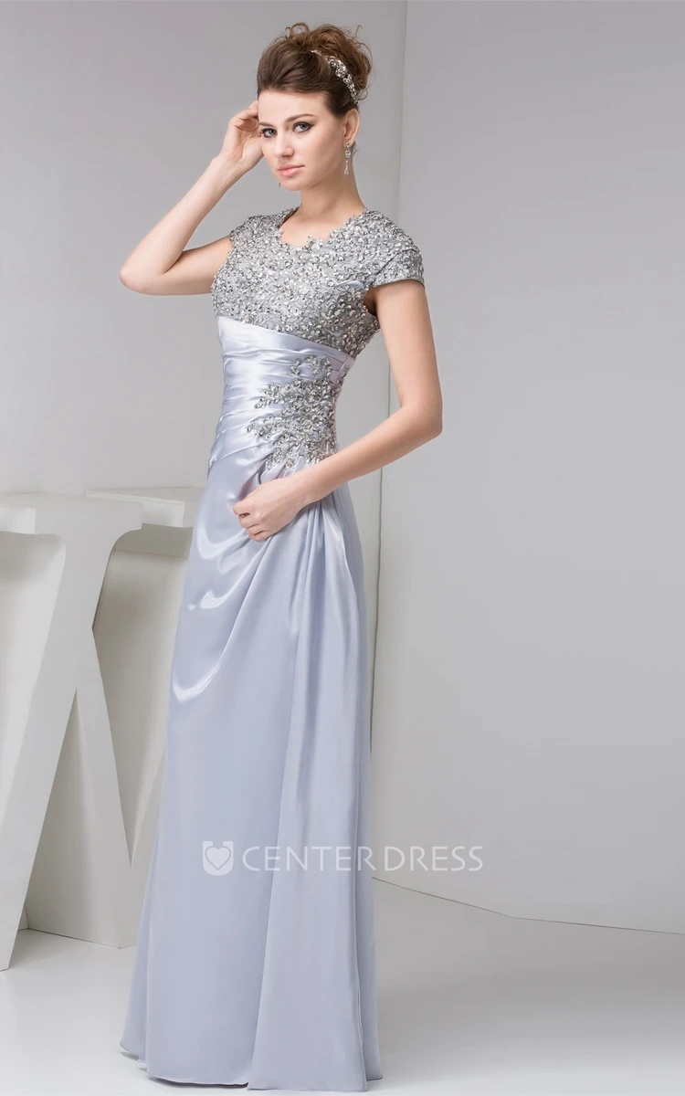Caped-Sleeve Ruched Sheath Dress with Jewels and Appliques