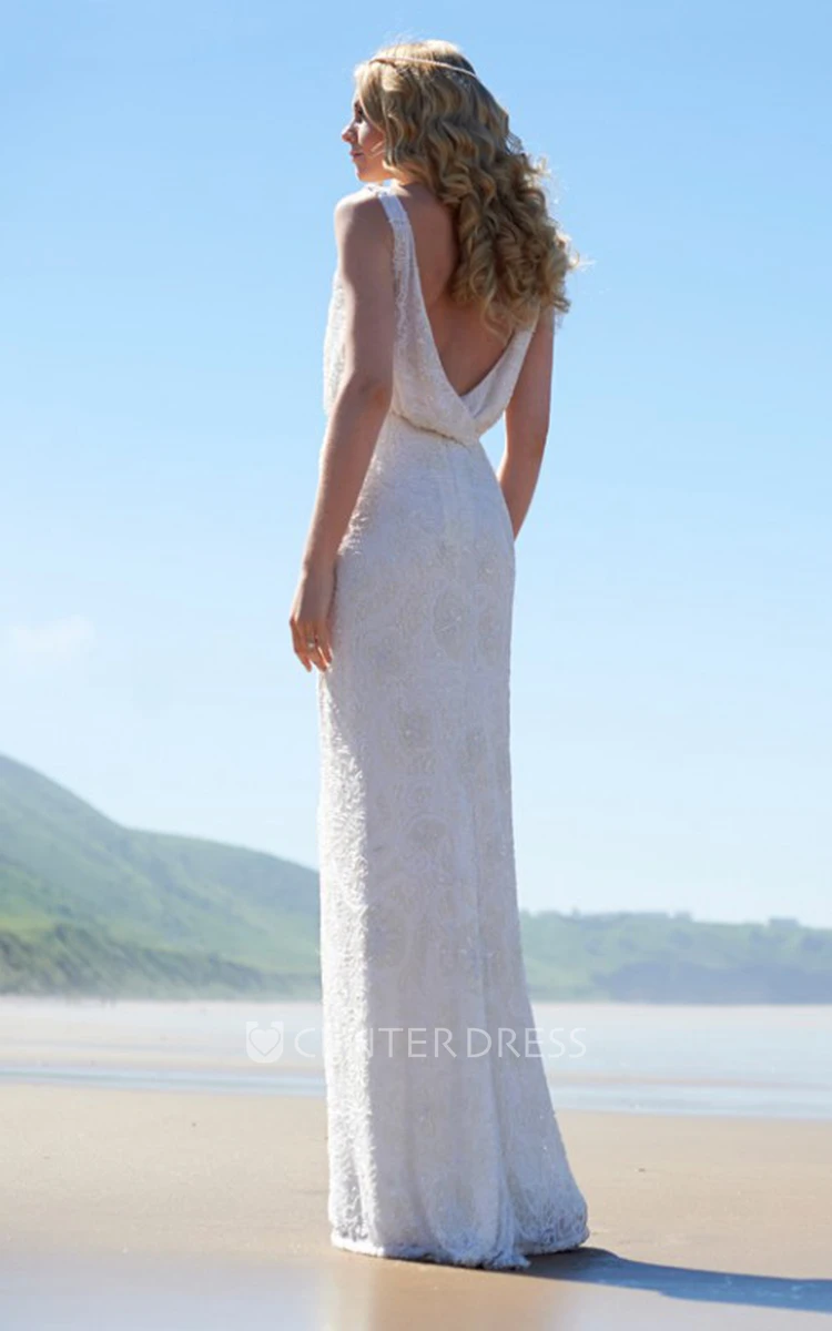 Floor-Length Square Lace Wedding Dress With V Back