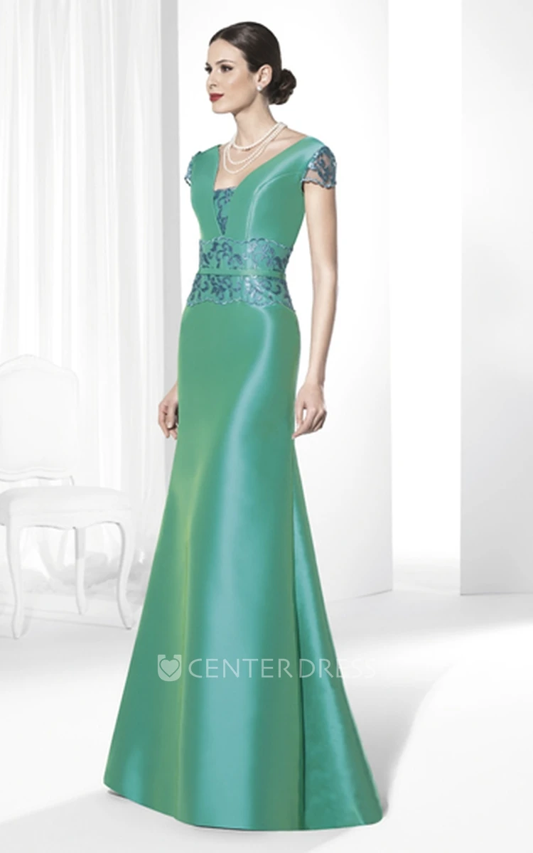 Embroidered Cap-Sleeve Satin Prom Dress