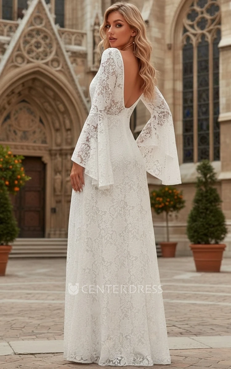 Elegant Modest Boho Long Bell Sleeve Column Spring Wedding Dress Ivory Backless Bateau Neckline Backless Reception Bridal Gown No Train
