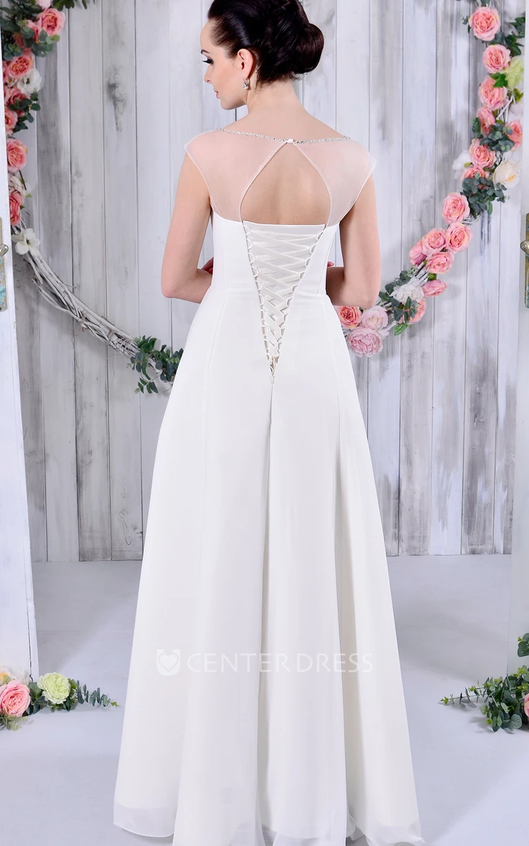 A-Line Floor-Length Criss-Cross Scoop-Neck Cap-Sleeve Chiffon Wedding Dress With Beading And Waist Jewellery