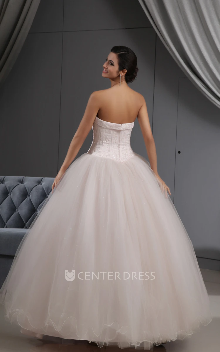 Blushing Strapless Pink Ball Gown Tulle Wedding Dress With Embroideried Bodice