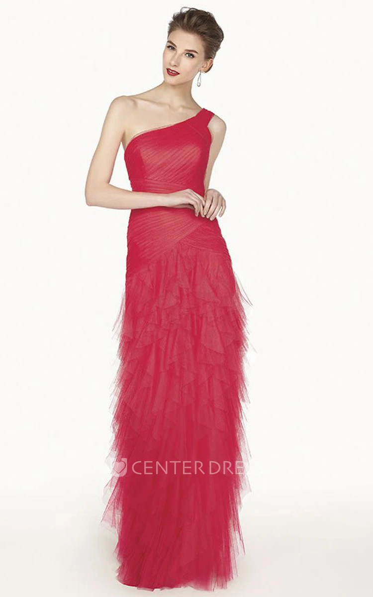 One Shoulder Sheath Tiered Tulle Long Prom Dress With Criss Cross Bandage