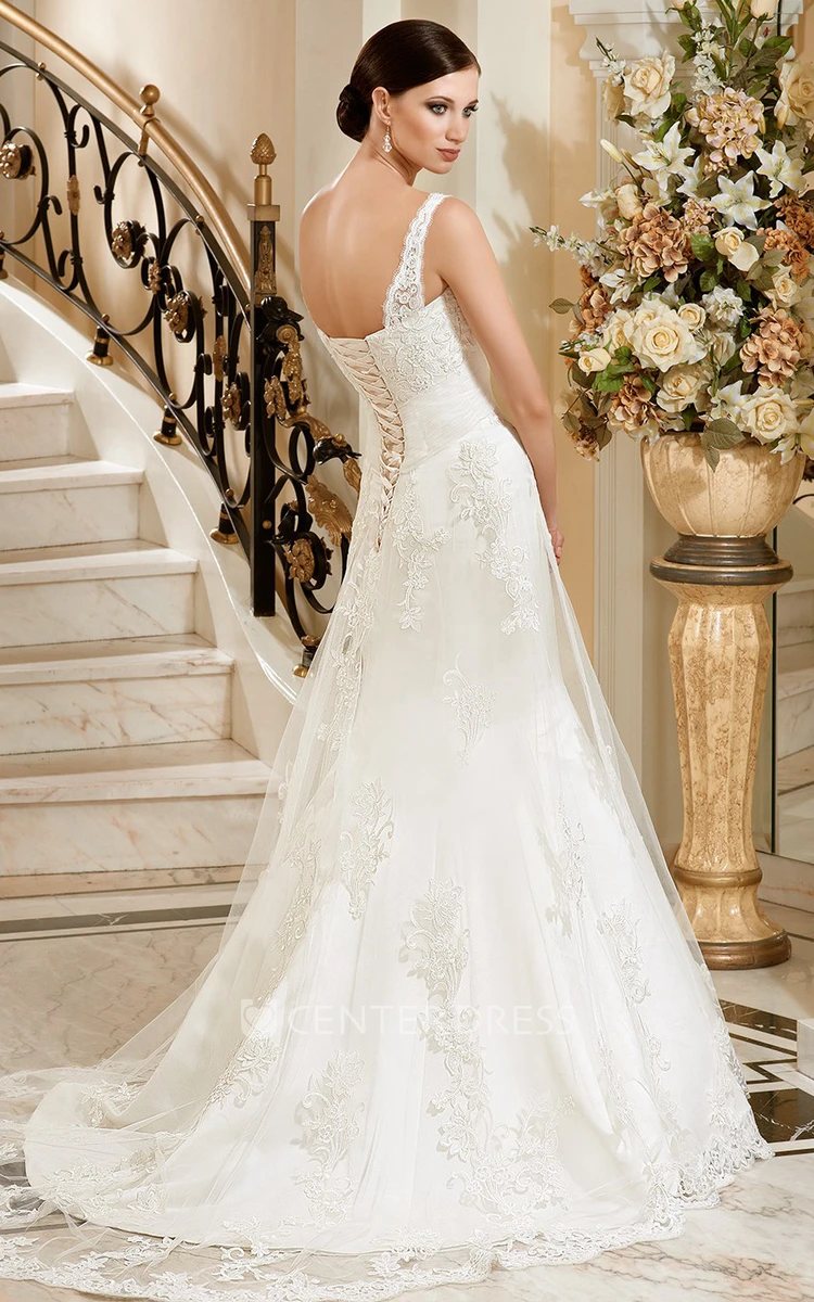 Mermaid Floor-Length Sleeveless Appliqued V-Neck Tulle&Lace Wedding Dress With Ruching