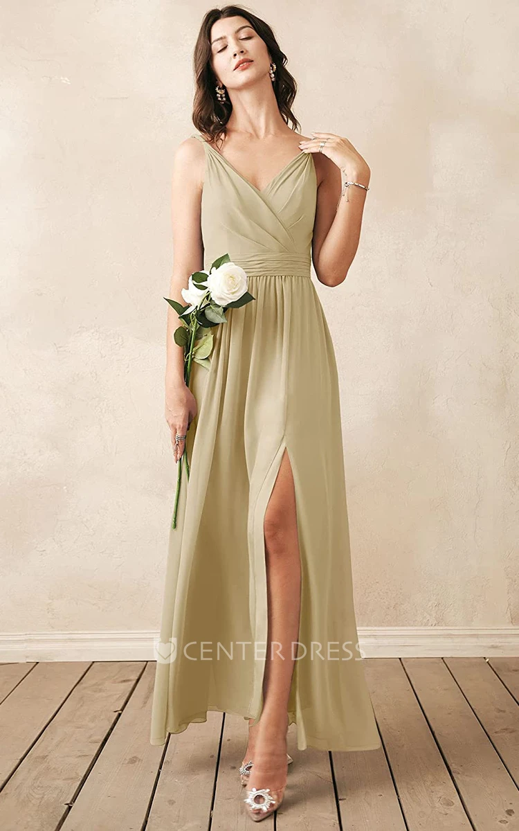 Sexy Chiffon Ankle-length V-neck A Line Sleeveless Bridesmaid Dress With Ruching