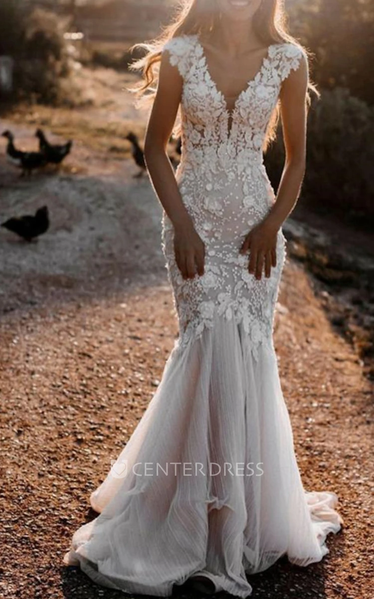 Trumpet Lace V-neck Short Sleeve Floor-length Wedding Dress With Button  Back - UCenter Dress