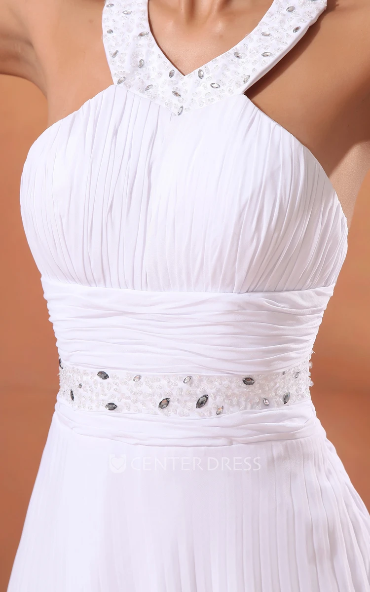 A-Line Tea-Length Halter Chiffon Wedding Dress With Crystal Detailing