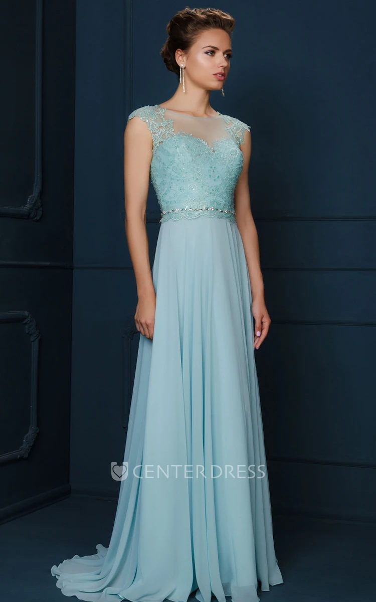 A-Line Jewel-Neck Cap-Sleeve Appliqued Maxi Chiffon&Lace Evening Dress With Beading And Pleats