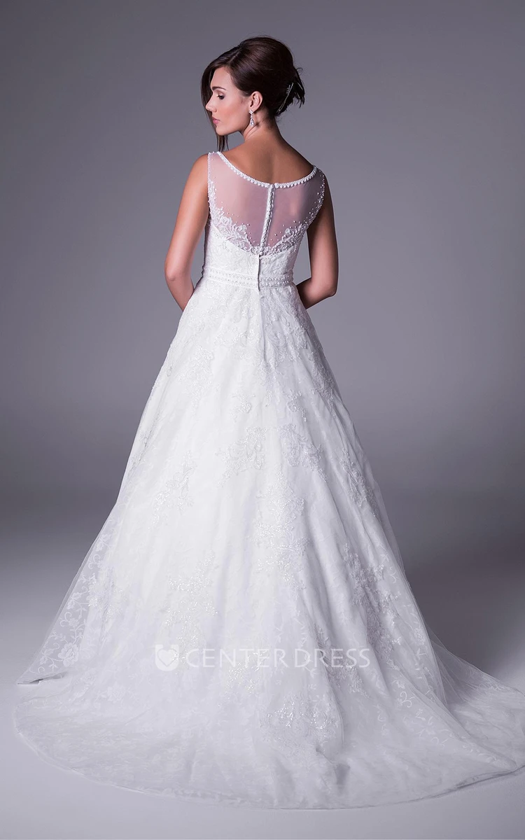 A-Line Sleeveless Bateau-Neck Appliqued Long Lace Wedding Dress With Waist Jewellery