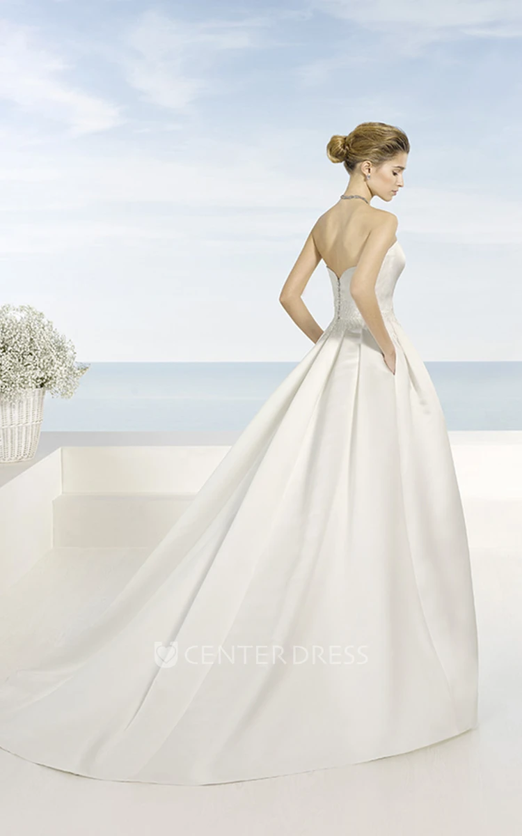Strapless Floor-Length Beaded Satin Wedding Dress With Brush Train And V Back