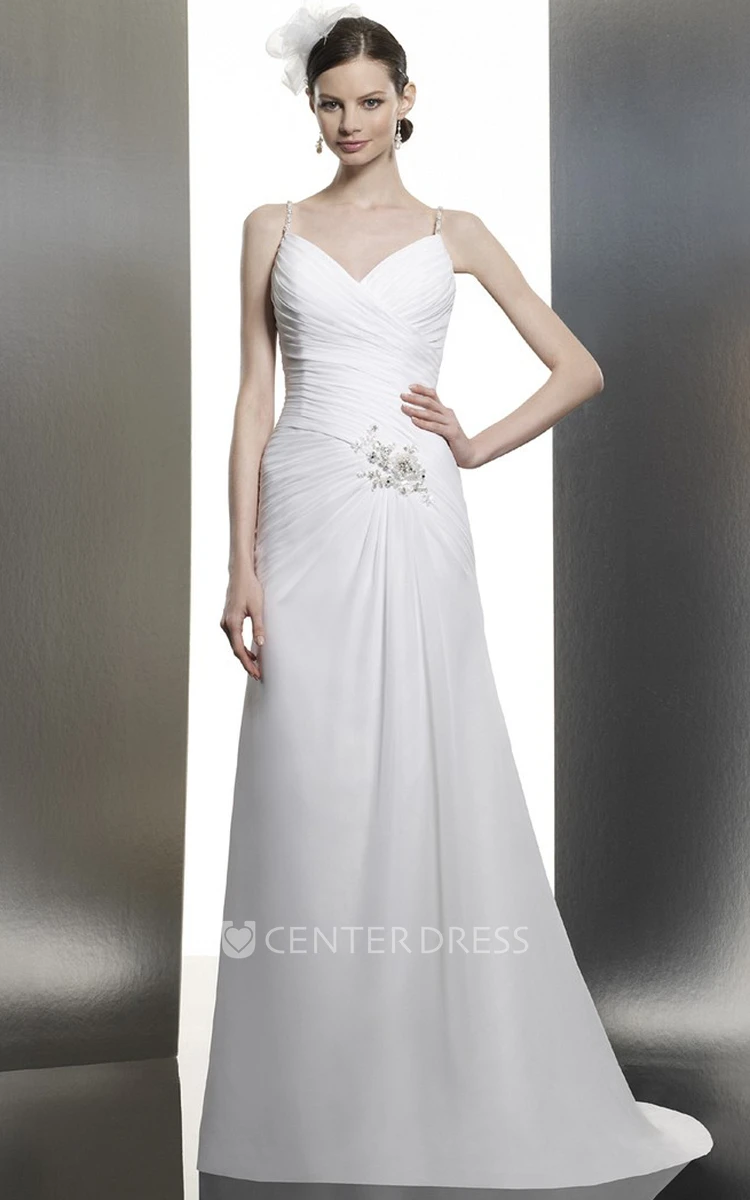 A-Line Sleeveless Spaghetti Floor-Length Ruched Chiffon Wedding Dress With Beading