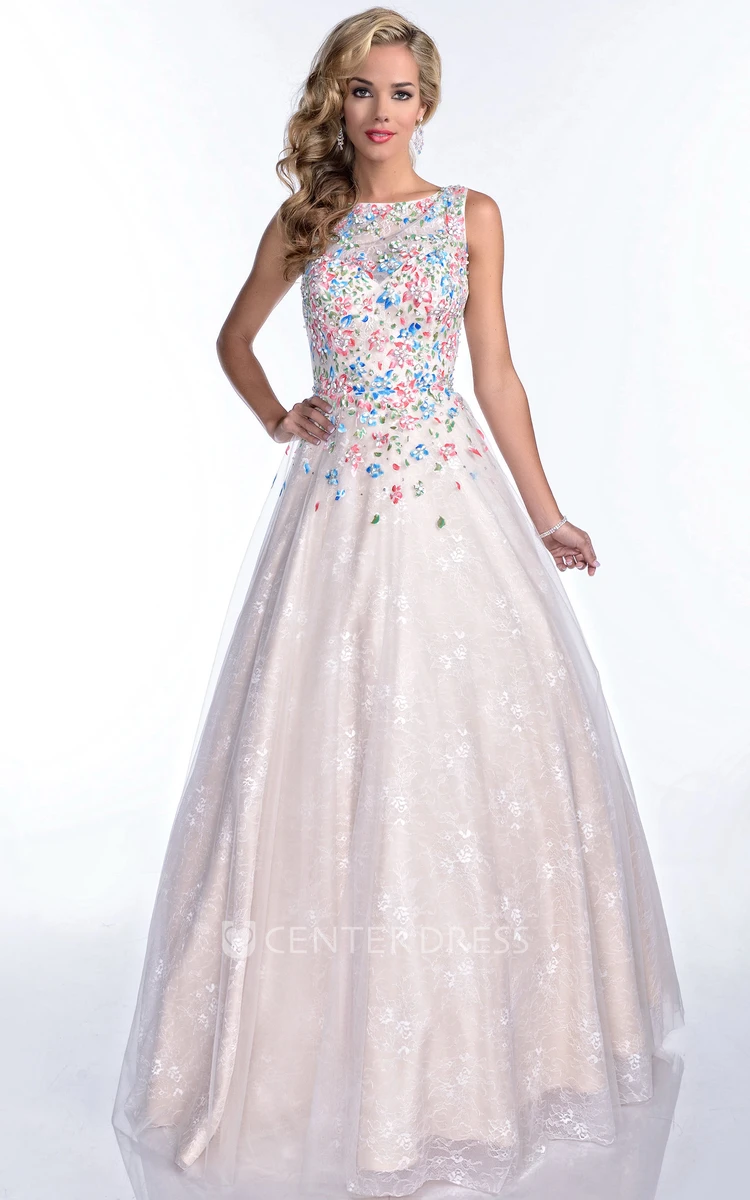 Bateau Neck Sleeveless A-Line Lace Prom Dress With Bling Rhinestone Bodice