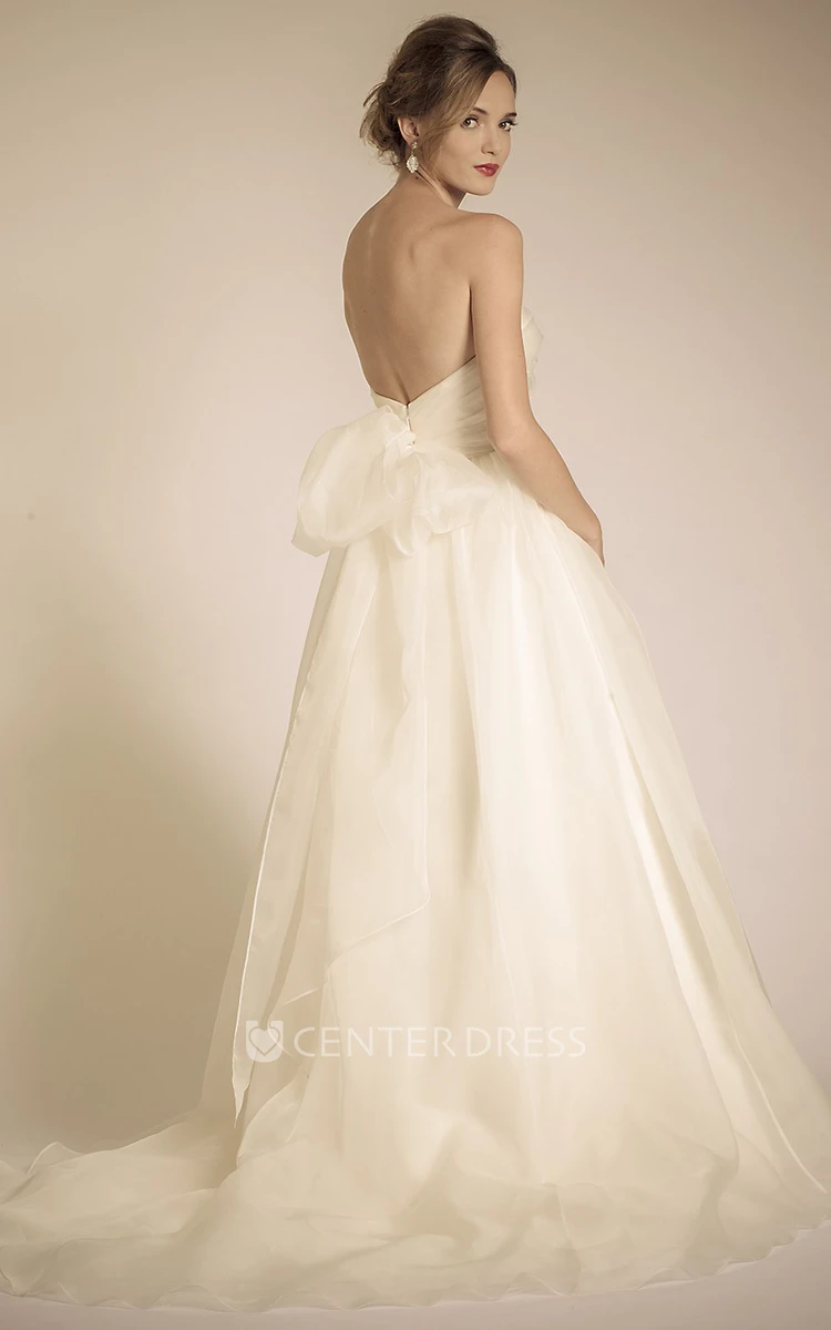 Ball Gown Empire Strapless Maxi Organza Wedding Dress With Ruching And Deep-V Back
