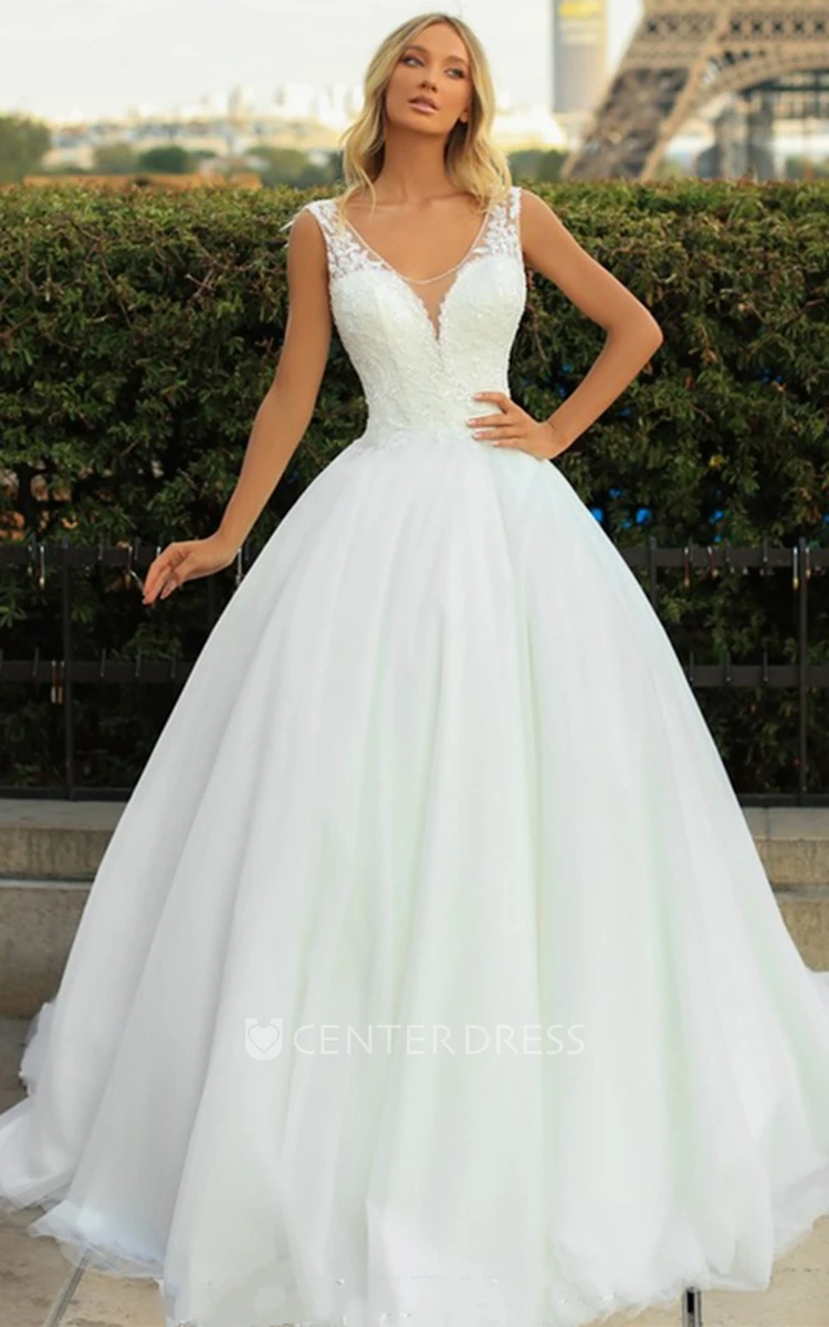 Simple Ball Gown Tulle V-neck Sweep Train Wedding Dress with Appliques