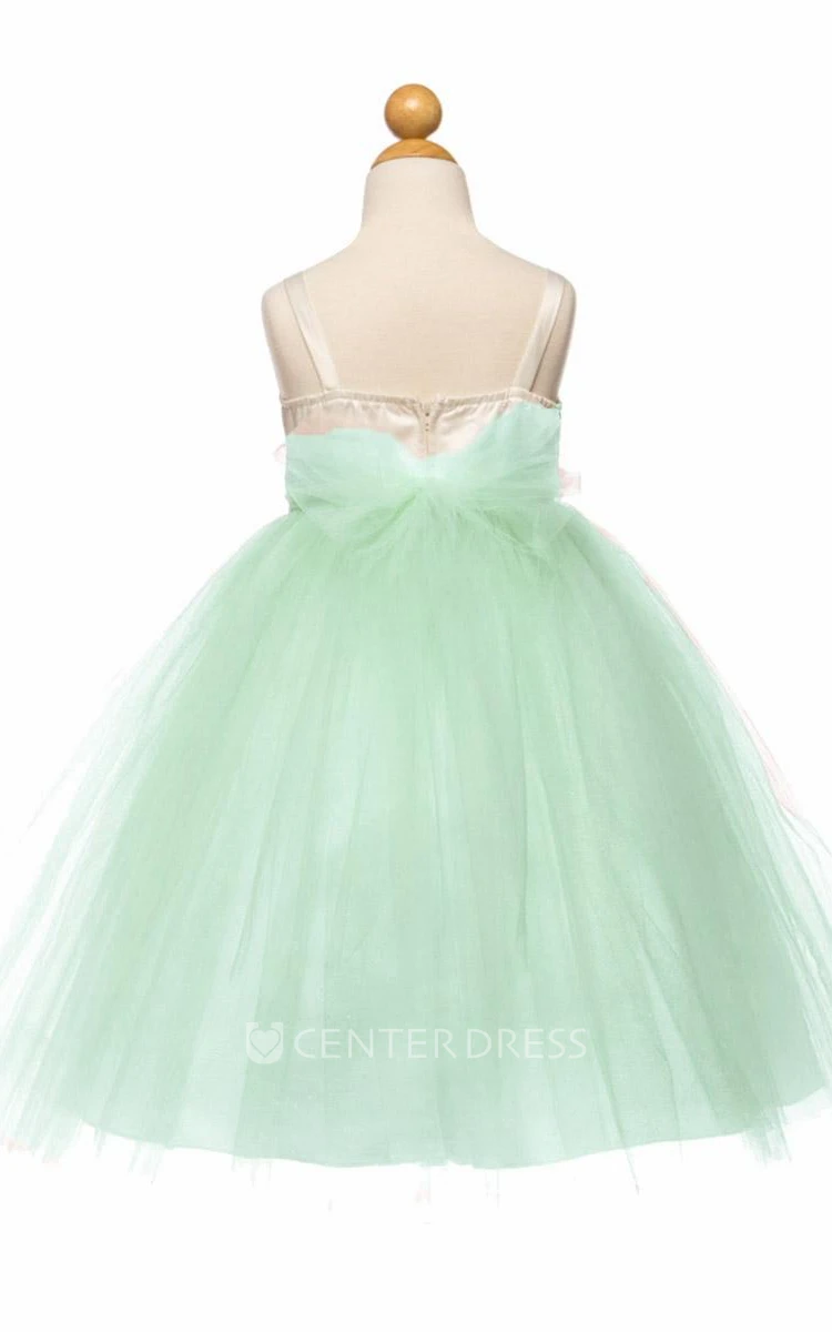 Tea-Length Spaghetti Empire Tiered Tulle&Satin Flower Girl Dress