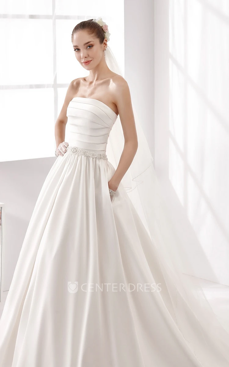 Strapless Pleating A-Line Satin Gown With Pearl Belt And Brush Train