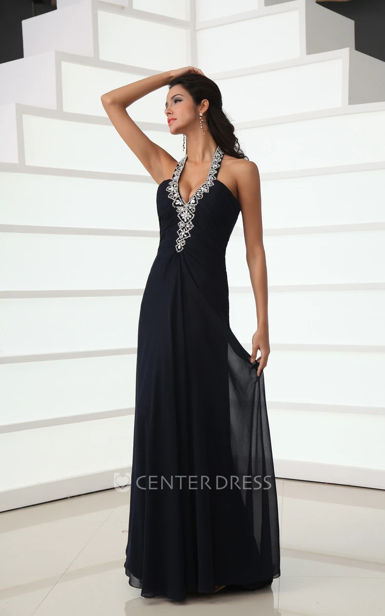 Sexy A-Line Halter Long Formal Gown With Back Crystal Strap