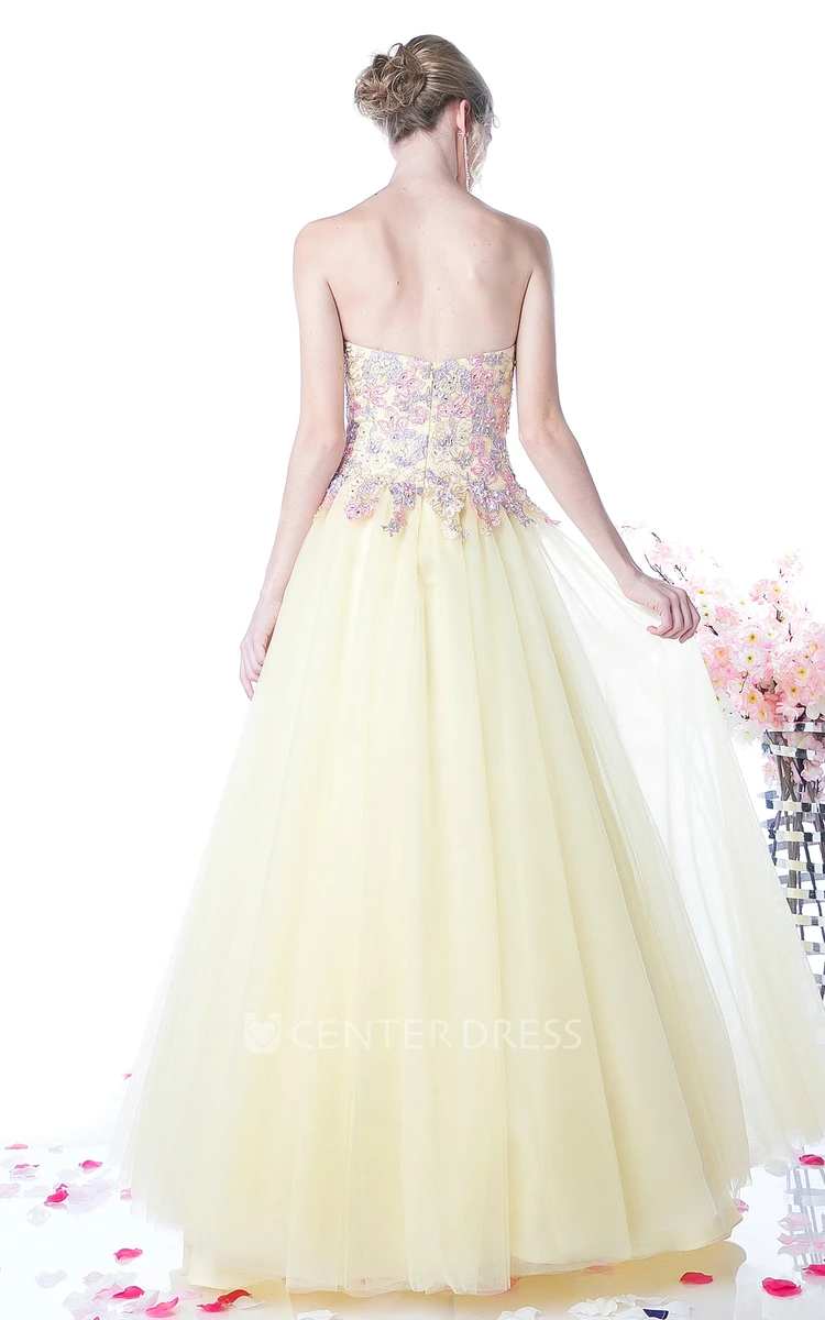 Ball Gown Strapless Tulle Satin Low-V Back Dress With Appliques And Beading