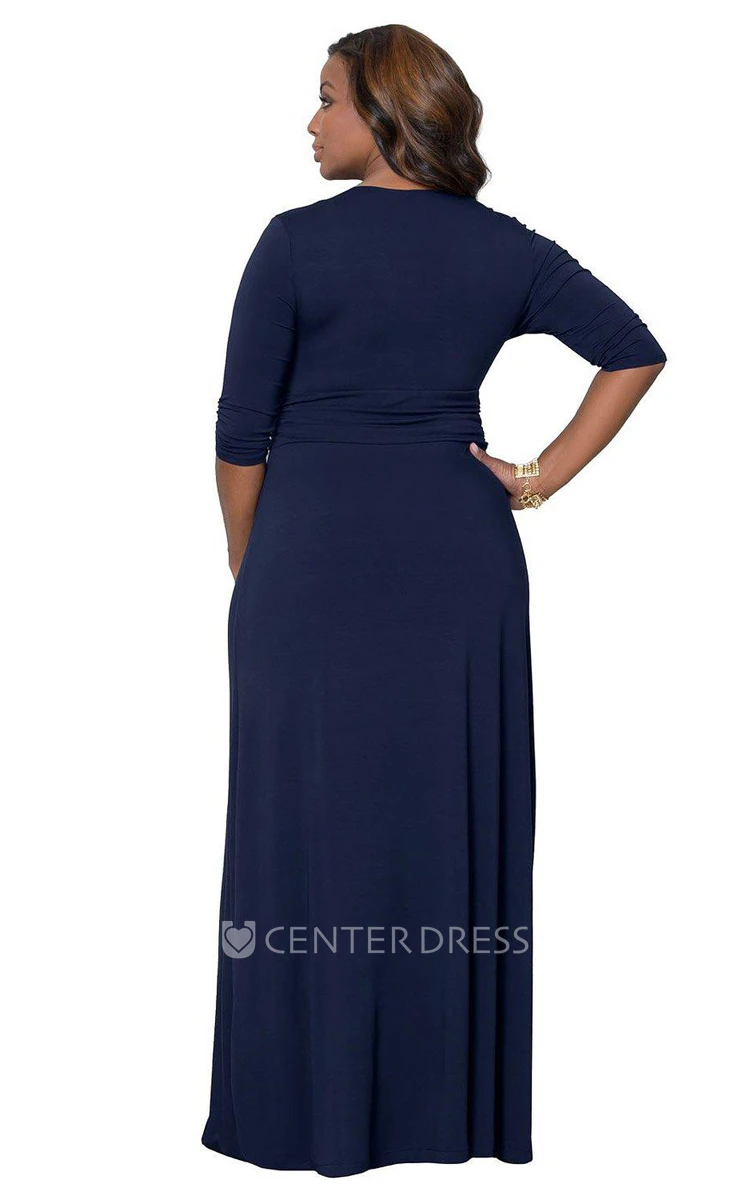 Plunging Neckline Long Jersey Dress With Long Sleeves