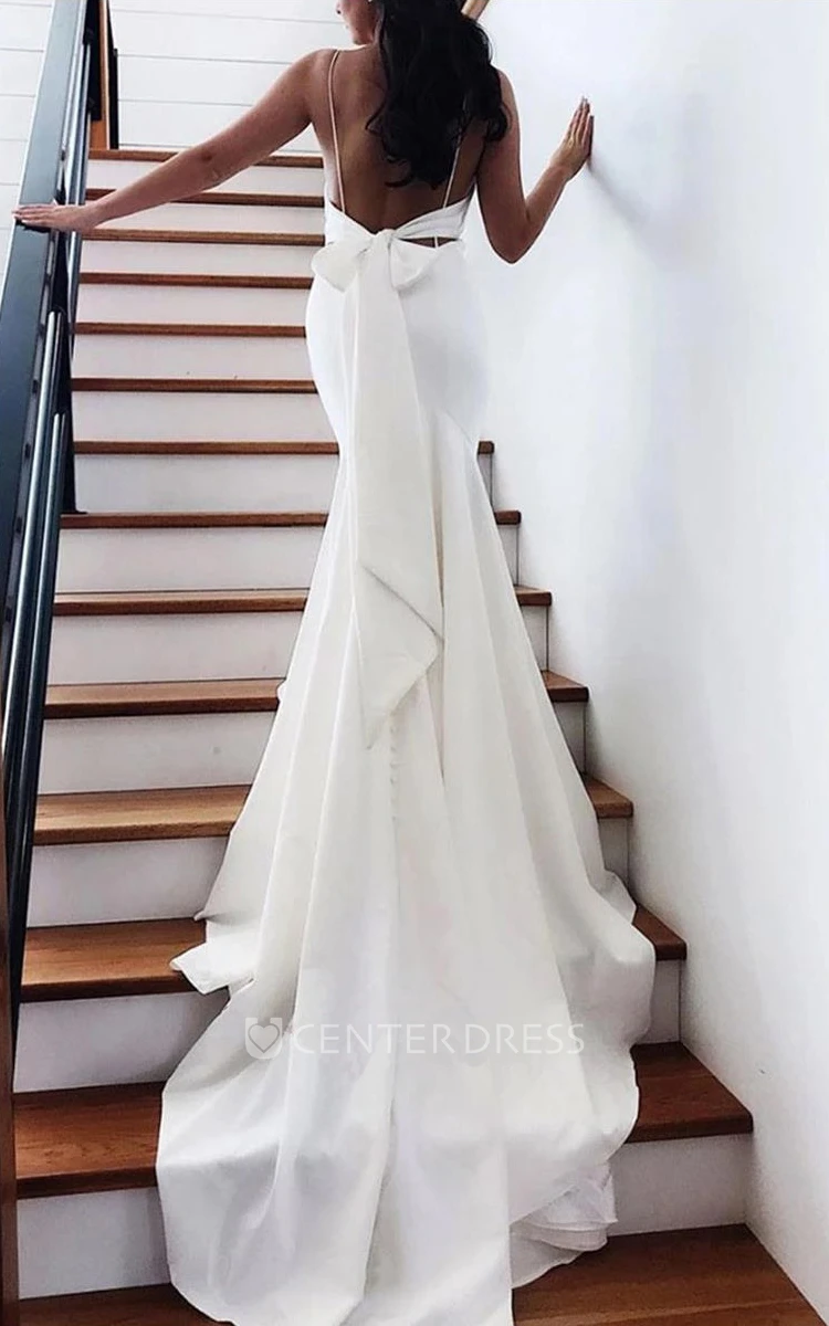 Elegant Satin Mermaid Spaghetti Chapel Train Long Wedding Dress
